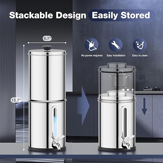 1G Gravity-fed Water Filter System - NSF/ANSI 42&372 Certified 18/8 Stainless Steel Countertop Water Filtration System - Water Level Window, Reduce 99.9% of Chlorine, for Camping, RVs