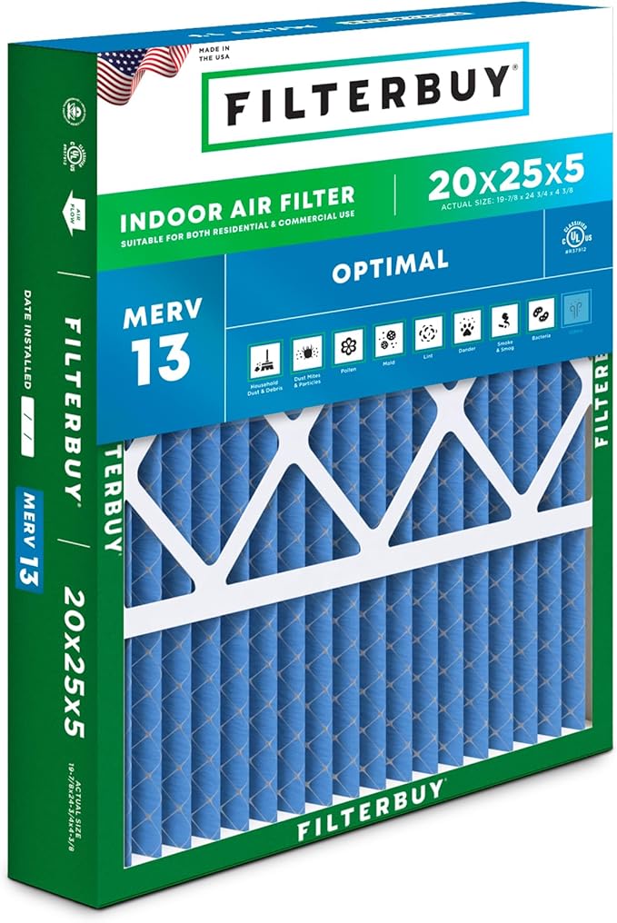 Filterbuy 20x25x5 Air Filter MERV 13 Optimal Defense (1-Pack), Pleated HVAC AC Furnace Air Filters for Honeywell FC100A1037, Lennox X6673, Carrier, & More (Actual Size: 19.88 x 24.75 x 4.38 Inches)