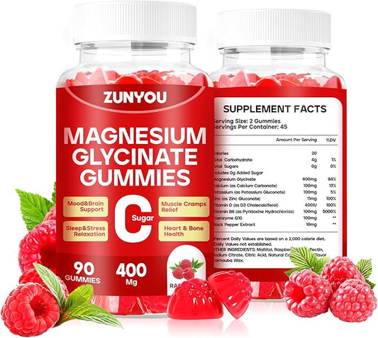 Magnesium Glycinate Gummies 400mg, Sugar Free Calm Magnesium Gummies for Women with Calcium, Vitamin D, B6, Zinc for Sleep, Mood and Muscle Support, 90 Count