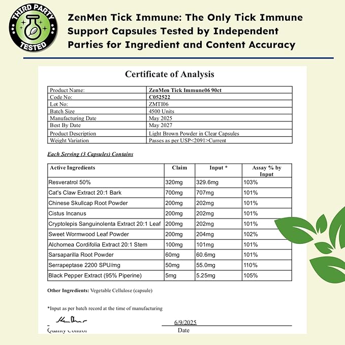 Zenmen Tick Immune Support Supplement - Improved Formula - Japanese Knotweed, Cat's Claw, Chinese Skullcap, Cryptolepis Sanguinolenta, Sweet Wormwood - 90 Vegan Capsules, Made in The USA