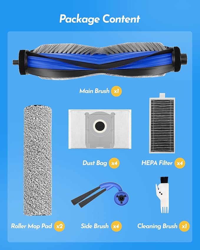 16 PCS Replacement Accessories kit Compatible with ECOVACS DEEBOT X9 Pro Omni Vacuum Cleaner Robot, 1 Main Brush, 4 Side Brushes, 4 HEPA Filters, 2 Mopping Rollers, 4 Dust Bags, 1 Cleaning Brush