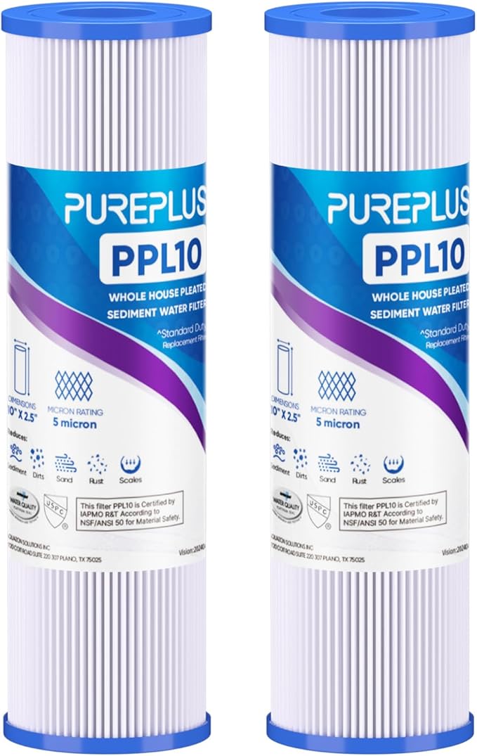 PUREPLUS 5 Micron 10"x2.5" Whole House Pleated Sediment Filter for Well Water, Replacement Cartridge for Universal 10 inch RO System, W50PE, WFPFC3002, SPC-25-1050, FM-50-975, 801-50, WB-50W, 2Pack