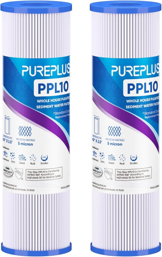 PUREPLUS 5 Micron 10"x2.5" Whole House Pleated Sediment Filter for Well Water, Replacement Cartridge for Universal 10 inch RO System, W50PE, WFPFC3002, SPC-25-1050, FM-50-975, 801-50, WB-50W, 2Pack