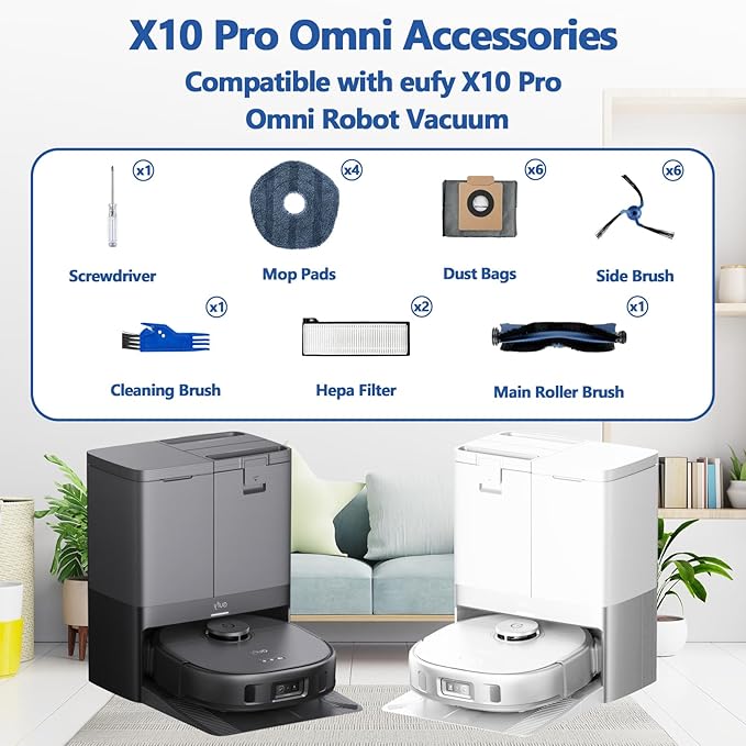 21 Pack X10 Pro Omni Replacement Accessories Kit for Eufy X10 Pro Omni Robot Vacuum, 1 Main Roller Brush, 2 Hepa Filters, 4 Mop Cloth Pads, 6 Side Brushes, 6 Dust Bags, 1 Screwdriver 1 Clean Tool