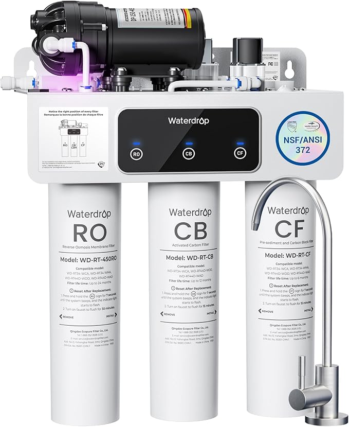 Waterdrop WD-T3-C Reverse Osmosis Water Filter, NSF/ANSI 372 Certified, 8-Stage Under Sink RO Water Filter, 450GPD Tankless Water Filtration System, 2:1 Pure to Drain, BPA Free, Plug-in Required
