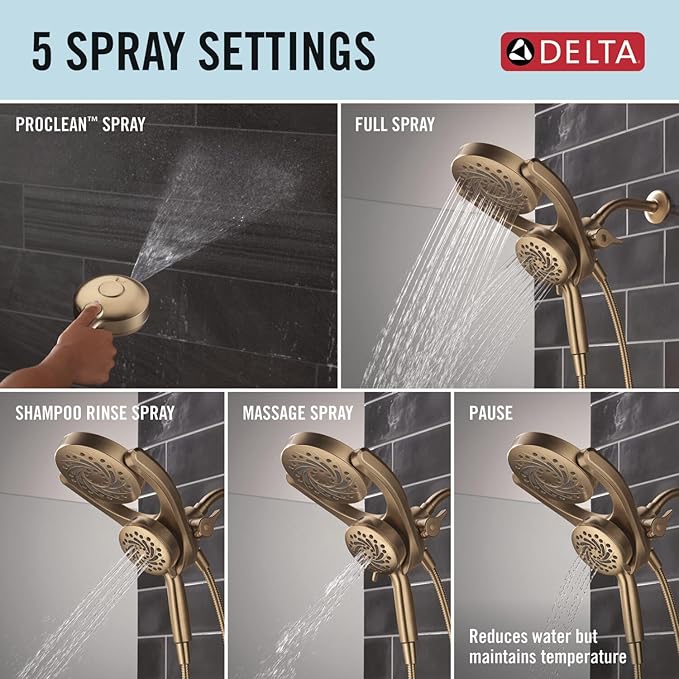 Delta 5-Setting HydroRain 2-in-1 Dual Shower Head with ProClean Spray, Brushed Gold High Pressure Shower Head with Handheld Spray, 1.75 GPM Flow Rate, Champagne Bronze 75419CZ
