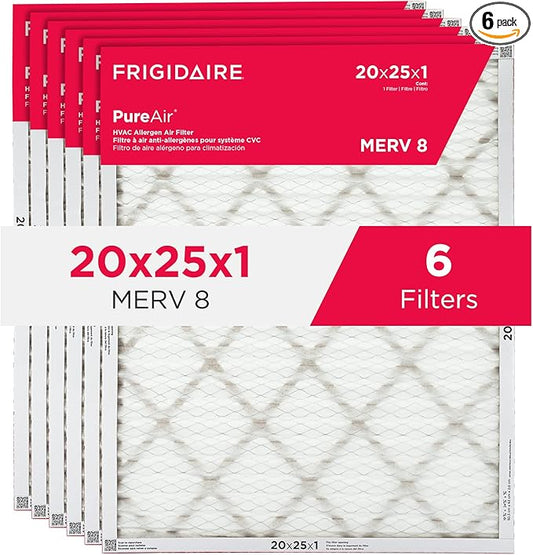 Frigidaire PureAir® 20x25x1 MERV 8 Allergen Electrostatic Pleated Air Conditioner HVAC AC Furnace Filters - 6 Pack (exact dimensions 19.81 X 24.81 X 0.81)