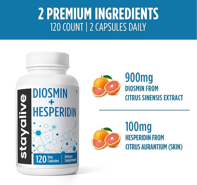 STAY ALIVE Diosmin Hesperidin 1000mg Complex, 120 Count, Citrus Bioflavonoids Rich Fruit Extract, 2 Month Supply, 100% Vegetarian, Non-GMO & Gluten Free Hesperidin and Diosmin Supplement Capsules