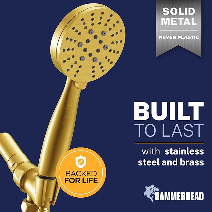 HammerHead Showers® Solid Metal 3-Spray Handheld Shower Head with Long Hose and Holder - BRUSHED GOLD - 2.5 GPM High Pressure Shower Head with Handheld Sprayer - WIDE, MASSAGE, and MIST Sprays
