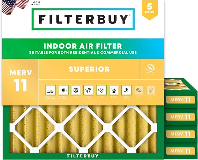 Filterbuy 25x25x2 Air Filter MERV 11 (MPR 1200) Allergen Defense Replacement (5-Pack), Electrostatic Pleated HVAC AC Furnace Filters, Made in USA (Actual Size: 24.50 x 24.50 x 1.75)