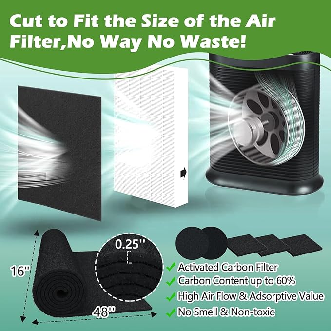 Cut to Fit Activated Carbon Air F ilter Sheet 16"x 48"x 1/4",Universal Charcoal Replacement F ilter Pad for Air Purifier,Furnace,AC,Range Hood,3D Printer