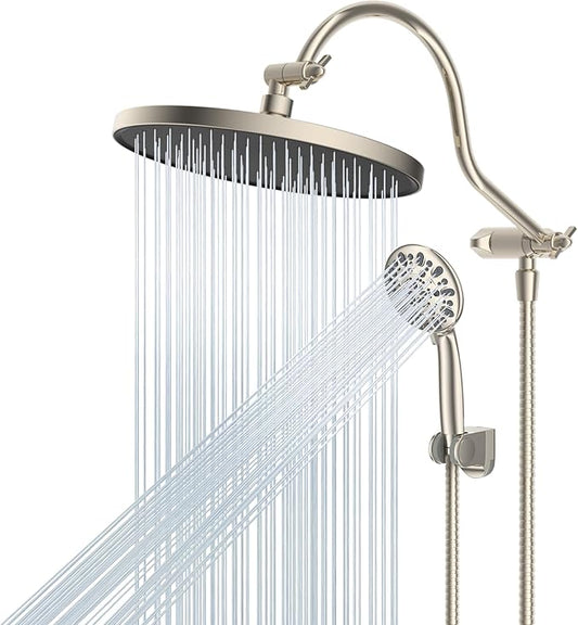 10'' Self-cleaning Rainfall Shower Head, High Pressure Handheld Shower Head, Showerhead Combo with 12'' Adjustable Curved Shower Extension Arm, 7-Spray, 71'' Hose, Showerhead Holder, Brushed Nickel