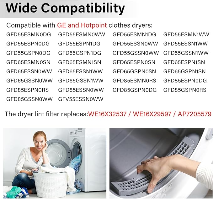 WE16X32537 Dryer Lint Filter Trap Screen Replacement for GE Clothes Dryer, Dryer Lint Strainer Replaces AP7205579 WE16X29597