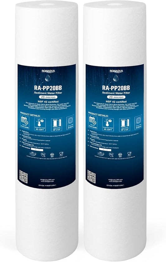 Ronaqua 20" x 4.5" Big Sediment Replacement Water Filter Cartridge, 20 Micron, NSF Certified, for Whole House, Compatible with 155358-43, 2PP20BB1M, AP810-2, FPMB-BB5-20, P5-20BB, SDC-45-2005, 2 Pack