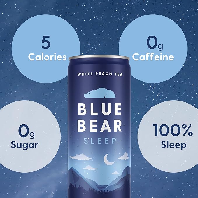 Blue Bear Melatonin Sleep Drink, Sleep Tea for Bedtime Support, White Peach Tea with Melatonin (5mg), Lavender, Ashwagandha, Chamomile, GABA, L-Theanine, Caffeine-Free, Zero Sugar, 8.4 Fl Oz 12-Pack