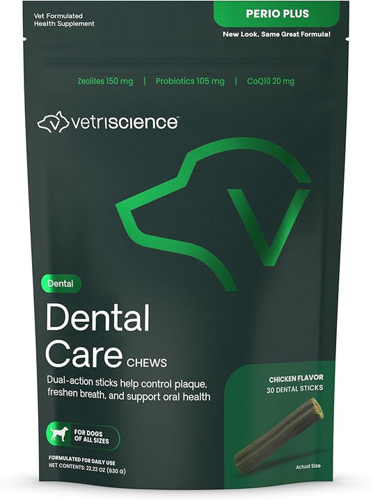 VetriScience Healthy Mouth Dental Chews, Perio Plus Sticks for Dogs, with Probiotics, Spirulina & Zeolites, Breath Freshening, Plaque & Tartar Control, Chicken, 30 Count