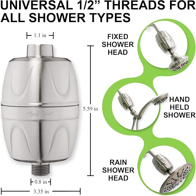 Aqua Elegante Shower Water Filter For Showerhead - Home Shower Head Filters To Remove Chlorine + Hard Minerals - Purifier And Filtered Softener System Best With Activated Charcoal - Brushed Nickel
