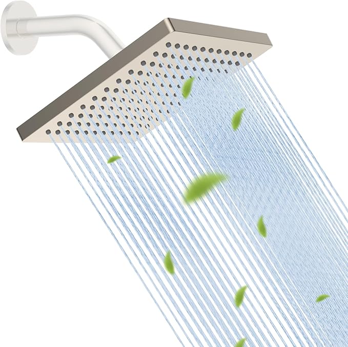 Hibbent Thickness Metal Rain Shower Head, 8 Inch High Pressure Rainfall Shower Head, Bathroom Waterfall Shower Heads, High Flow Fixed Showerheads with Adjustable Brass Ball Joint, Brushed Nickel