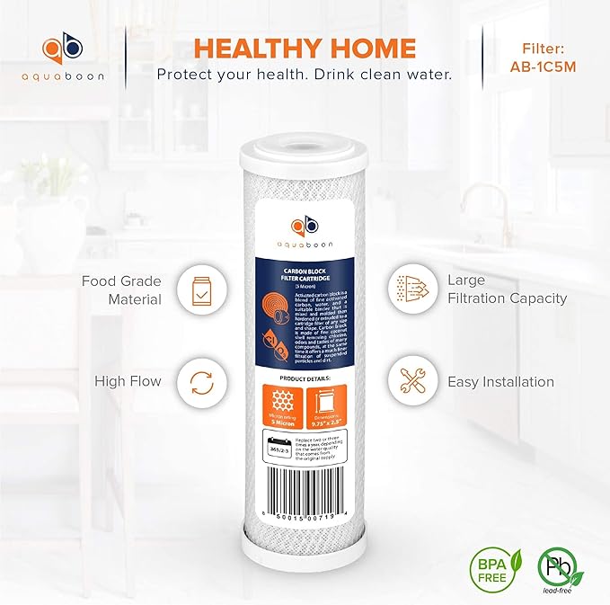 Aquaboon 5 Micron 10 x 2.5 Carbon Block Water Filter Cartridge CTO Whole House Water Filter Replacement Compatible with WHKF-WHWC, FXWTC, 6-PACK