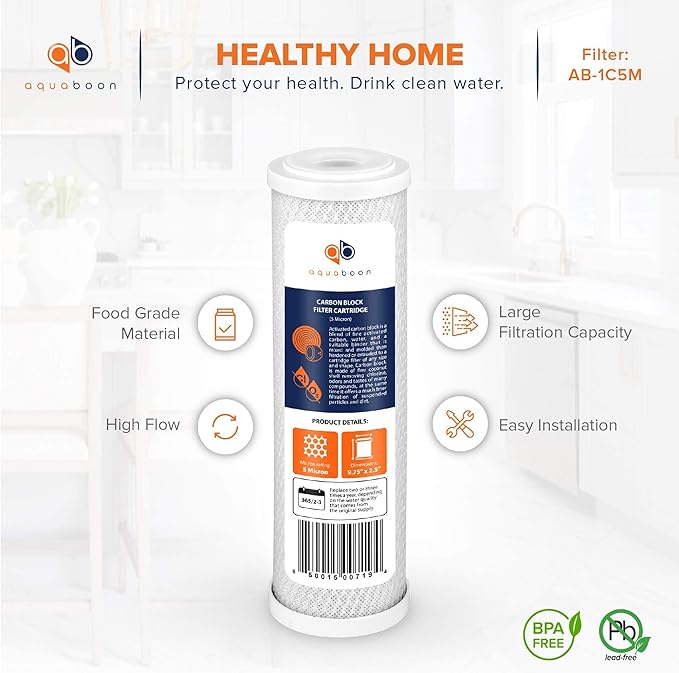 Aquaboon 5 Micron 10 x 2.5 Carbon Block Water Filter Cartridge CTO Whole House Water Filter Replacement Compatible with WHKF-WHWC, FXWTC, 4-PACK