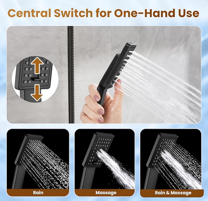 BRIGHT SHOWERS Rain Shower Head with Handheld Spray, High Pressure Square Showerhead Combo with Rainfall & Handheld, Detachable Dual Shower with Anti-Clog Nozzles, 60" Hose, Matte Black