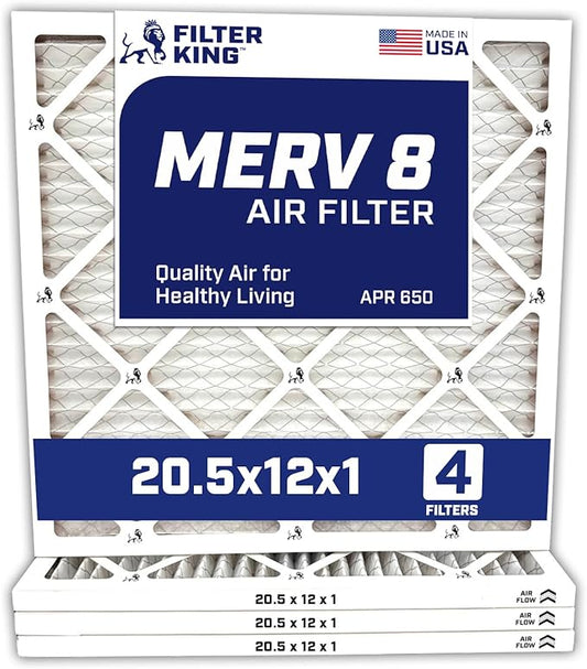 Filter King 20.5x12x1 Air Filter | 4-PACK | MERV 8 HVAC Pleated A/C Furnace Filters | MADE IN USA | Actual Size: 20.5 x 12 x .75"