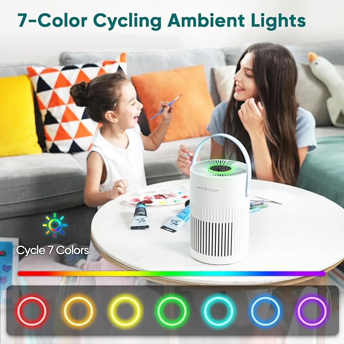 Jafanda Small Air Purifier JF068, 20dB Sleep Mode, Portable Air Cleaner with Handle, 3-Stage HEPA Filtration for Dust, Pollen, Pet Fur, Smoke, 7-Color Light for Home/Bedroom/Dorm/Office/Travel