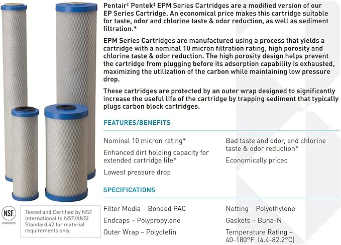 Pentair Pentek EPM-BB Big Blue Carbon Water Filter, Whole House Modified Epsilon Carbon Block Replacement Cartridge with Bonded Powdered Activated Carbon (PAC) Filter, 10" x 4.5", 10 Micron, Pack of 4