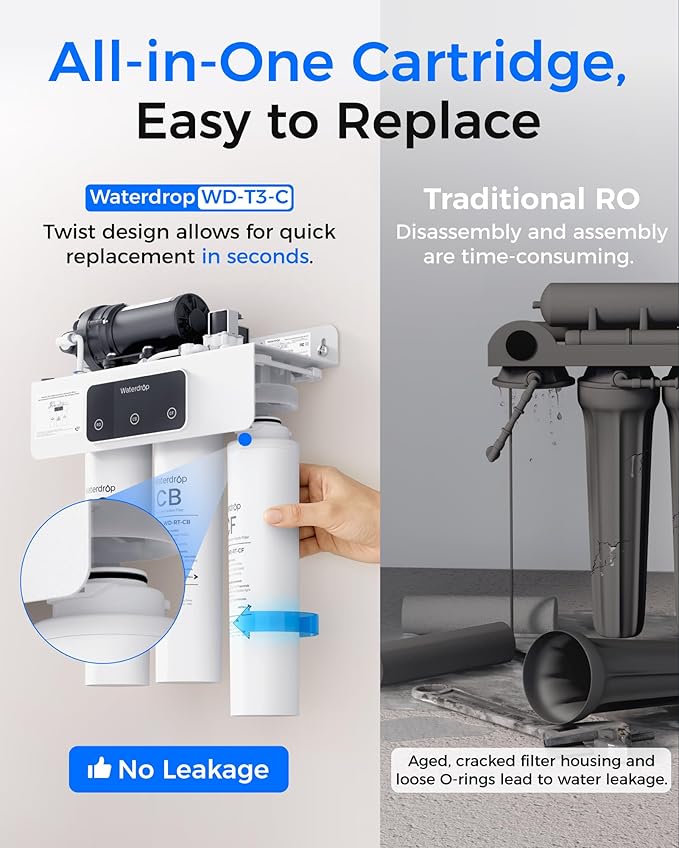 Waterdrop WD-T3-C Reverse Osmosis Water Filter, NSF/ANSI 372 Certified, 8-Stage Under Sink RO Water Filter, 450GPD Tankless Water Filtration System, 2:1 Pure to Drain, BPA Free, Plug-in Required