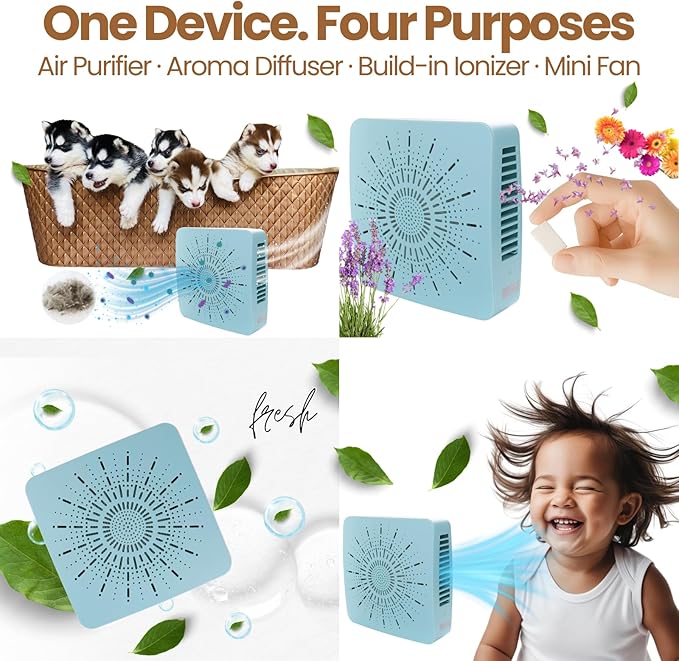 4-in-1 Portable Air Purifier HEPA Filter, Aroma, Ionizer & Mini Fan – USB-C Desktop Air Cleaner for Smoke, Pollen, Dander, Odors – 5 Colors for Bedroom, Office, Baby, Pets, Travel (Mist Blue)