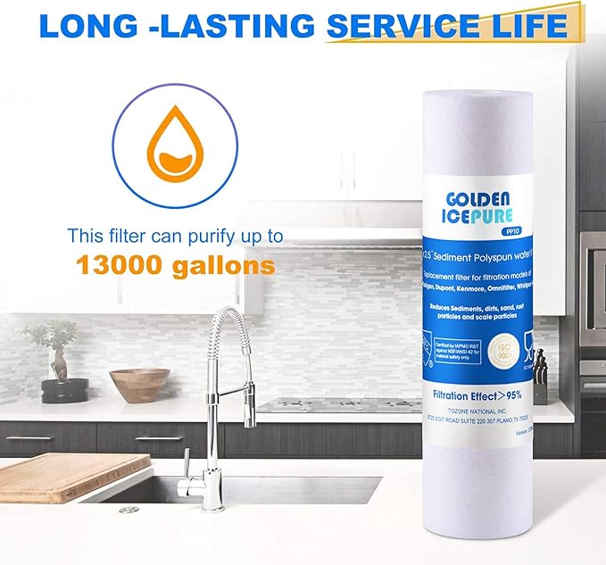 GOLDEN ICEPURE PP10 Water Filter, 5 Micron 10" x 2.5" Whole House Sediment Water Filter, Compatible with WHKF-GD05, Aqua-Pure AP110, Culligan P5, DuPont WFPFC5002, CFS110, RS14 10 inch RO System Unit