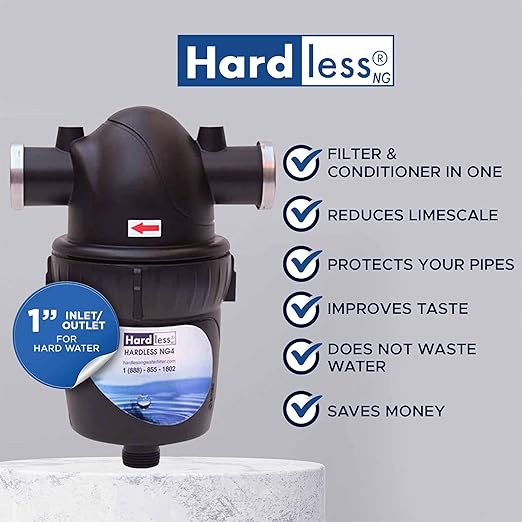 Hardless NG4 Whole House Water Filter - Salt-Free Softening Device - Reduces Limescale, Sediment & More - Compact, Easy to Install - Comes w/ 1" Inlet/Outlet- Filtration System for Hard Water