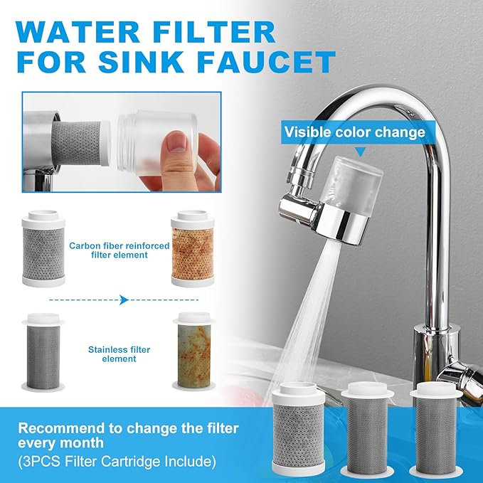 Sink Water Filter Faucet, 720 ° Rotating Kitchen Faucet Water Purifier, Bathroom Faucet Filter Removes Chlorine Fluoride Heavy Metals Hard Water for Home, Kitchen & Bathroom