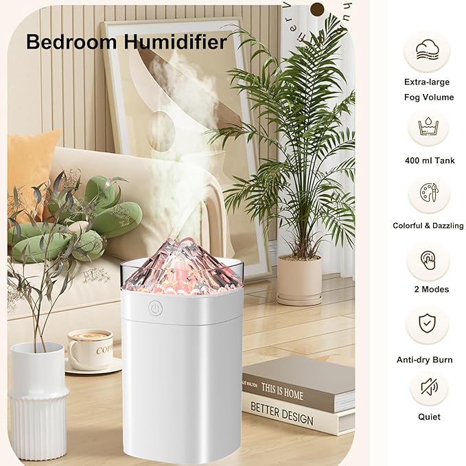 FULLBELL Cool Mist Humidifier, 400ML, 10-20 Hours Runtime, 7 Color Lights, 2 Modes, 24db Quiet (White-400ML)
