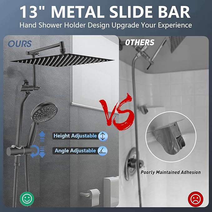 High Pressure 12 Inch Rainfall Shower Head with Handheld Combo, 16" Adjustable Extension Arm Build-in 3-way Diverter, Dual Shower Head Combo Set with Adjustable Height Slide Bar - Matte Black