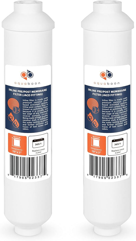 Aquaboon Inline Water Filter for Refrigerator 2-Pack of Inline Post/Carbon Polishing Water Filter Catridge for Reverse Osmosis System Standard Size (Jaco fitting)