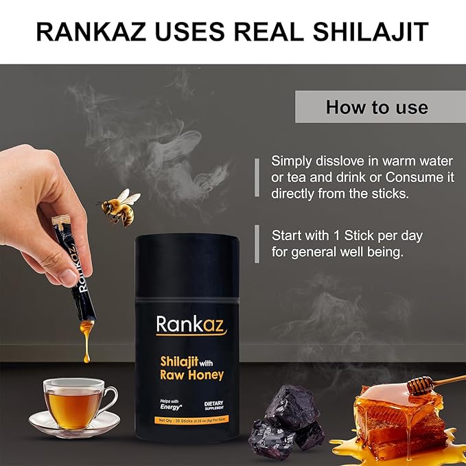 Rankaz Natural Shilajit Honey Sticks Organic - 30 Sticks, Shilajit Honey Fulvic Acid and Trace Minerals
