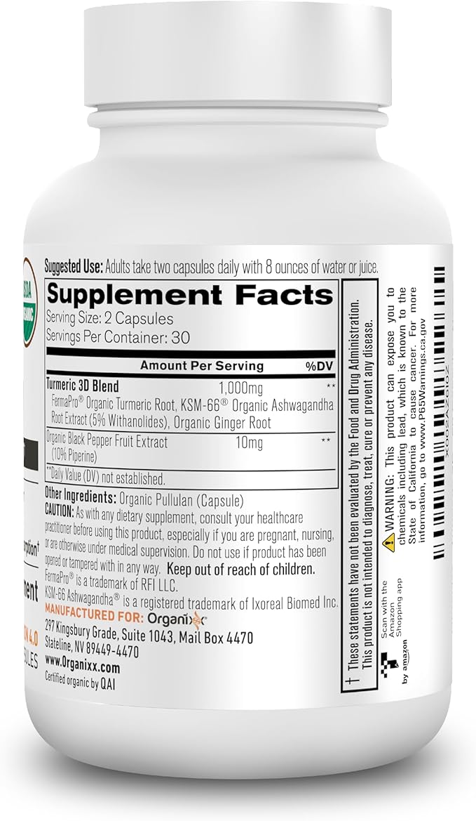 Organixx USDA Organic Turmeric Curcumin Supplement with Ashwagandha, Turmeric & Ginger – Immune & Joint Support, Fermented for Maximum Bioavailability, 60 Vegetarian Capsules