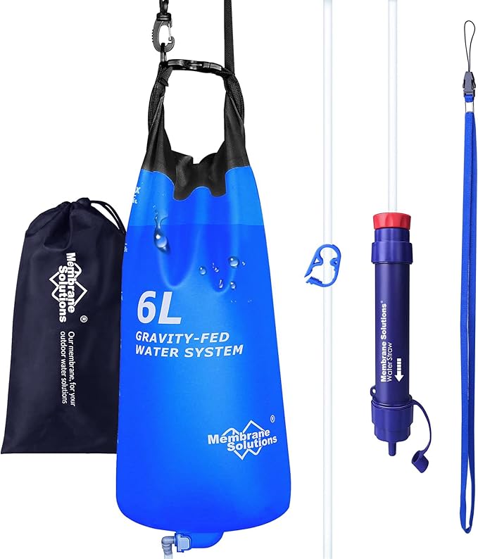 Membrane Solutions Gravity Water Filter Pro 6L, NSF/ANSI 42&372&401 Certified, 0.1 μm Versatile Water Purifier Camping with Adjustable Tree Strap Storage Bag, Survival Gear for Emergency Preparedness