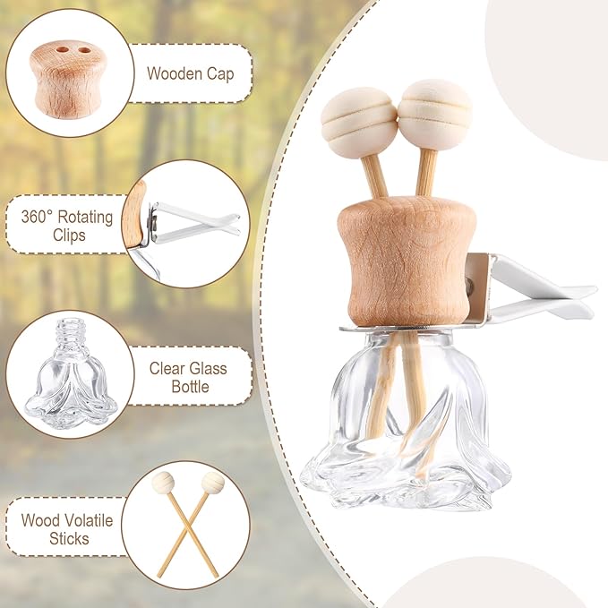 Zubebe 30 Pack Car Air Freshener Diffuser with Vent Clip Empty Car Diffuser Bottles for Essential Oil Perfume Glass Bottle with Wooden Caps Stick(Flower)