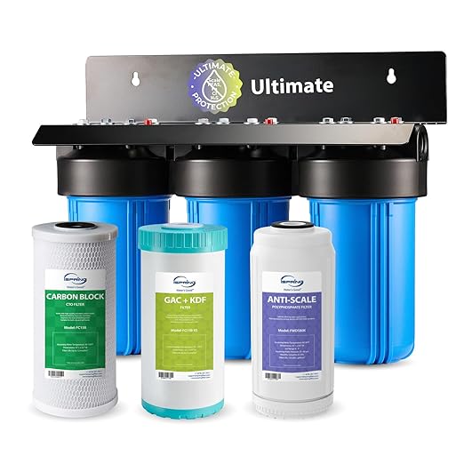 iSpring Ultimate Protection Whole House Water Filter System, Reduces Heavy Metals, Scale, Chlorine, Chloramine, Hydrogen Sulfide, 3-Stage Filtration, 1" Inlet/Outlet, Model: WGB31B-KDS