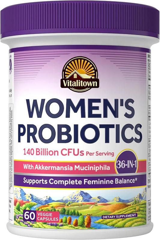 Vitalitown Probiotics for Women, 140 Billion CFU 20 Strains, Akkermansia Probiotic with Iron, Vitamin C B6 & B12, Digestive Enzymes, Cranberry, D-Mannose, Vaginal Probiotics & Prebiotics, 60 Capsules