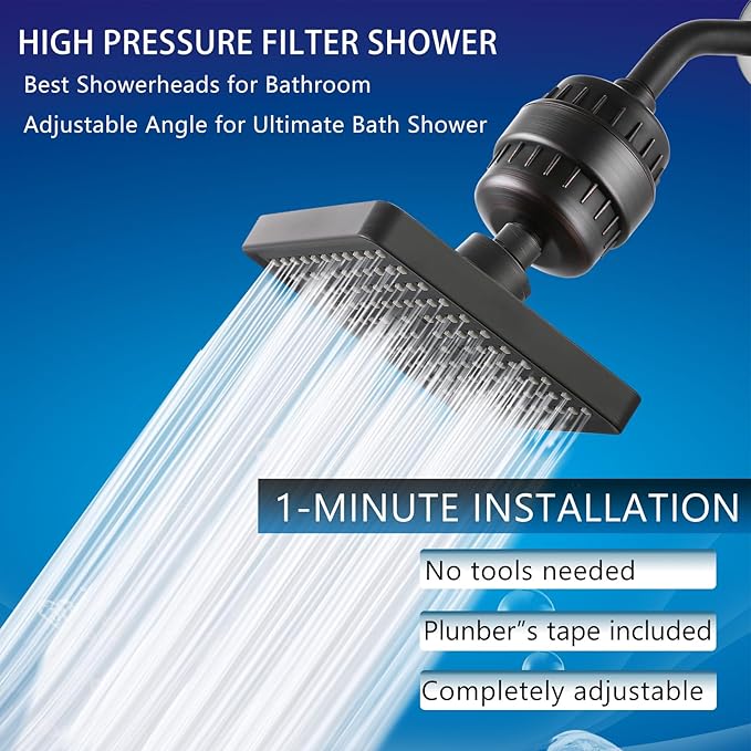 High Pressure Filtered Shower Head Set, 6’’ Rain Shower Filter for Hard Water, Universal Square Showerhead 20 Stage Filtration Removes Impurities for Rejuvenated Skin by Eolax, Oil-Rubbed Bronze