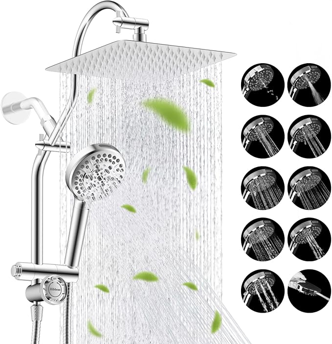 Hibbent Upgraded All Metal 10"Rainfall Showerhead Combo, High Pressure Shower Head with 10-Spray Mode Handheld, Innovative 4-way Diverter with Pause Mode, 71'' Shower Hose and Handheld Holder, Chrome