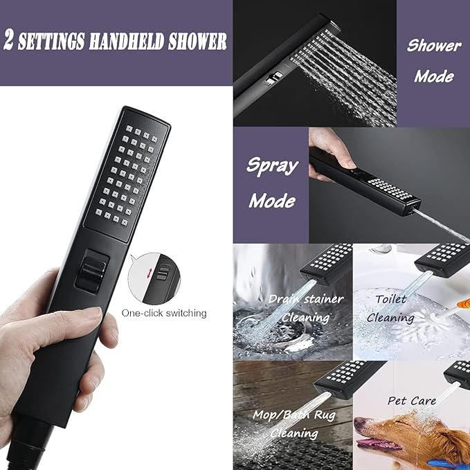 10" High Pressure Square Rainfall Shower Head and 2-in-1 Hand Shower,Rainfall Showerhead with 11" Shower Arm,Equipped with 78"Hose,Adhesive Shower Head Holder (Square Black Shower Head Set)