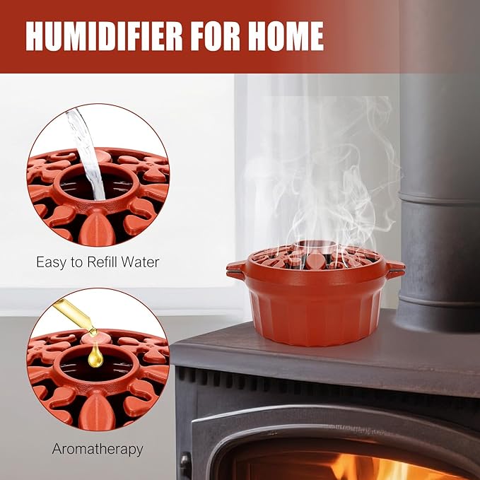 G GOOD GAIN Wood Stove Steamer - Cast Iron Round Bowl Fire Place Stove Humidifier Pot with Large Opening Top for Home Heating Decorative | Matte Finish & 2.7 Quart, OrangeRed