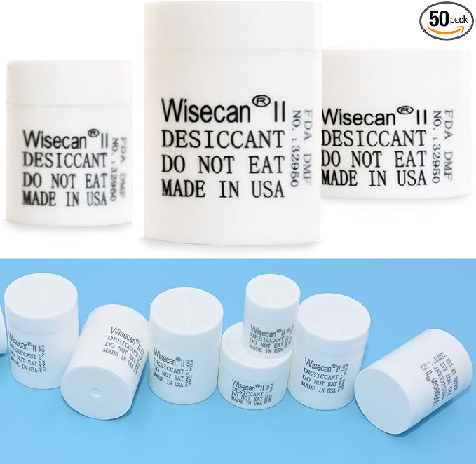 3 Gram 50 Pack Silica Gel Canister, Desiccant Canister, Silica Gel Capsules, Desiccant Capsules, Moisture Absorbers for Food Storage, Food Safe Dehumidifiers Wisecan