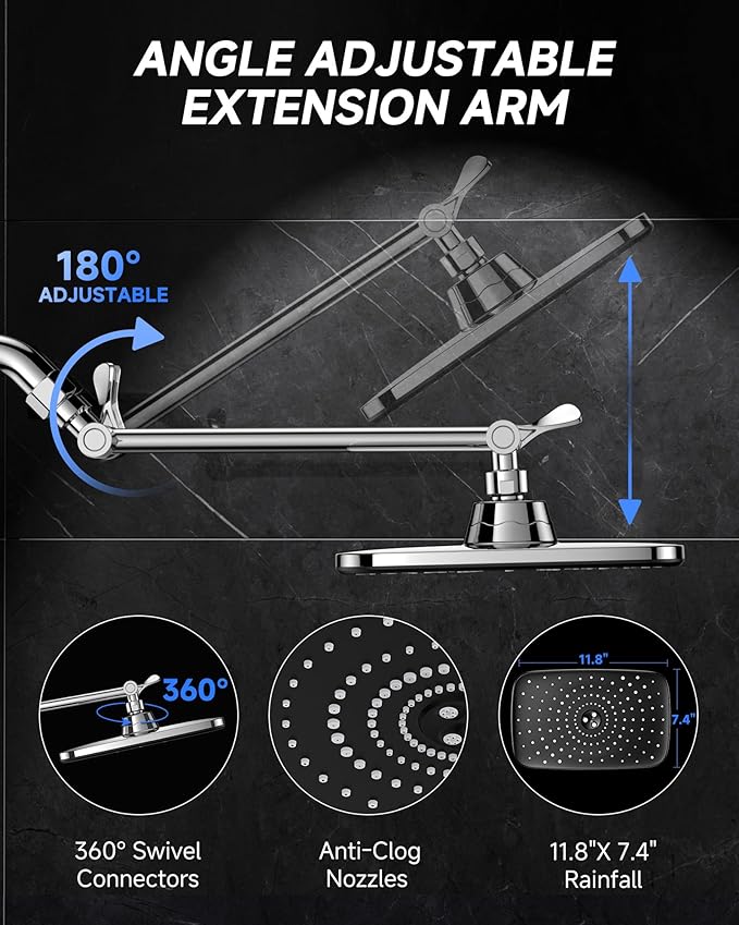 Veken 11.8" Rain Shower Head, Rectangular Rainfall Showerhead with 11" Stainless Steel Exension Arm, Height & Angle Decor Adjustable, High Pressure Showheads, Bathroom Accessories, 2.5GPM Chrome
