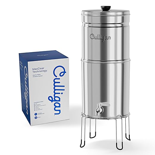 Culligan with MaxClear Technology 3 Gallon Gravity Water Filter System, Polished Countertop Ceramic Water Filter NSF/ANSI Certified to Reduce Lead, Microplastics & Total PFAS, with 3 Filters