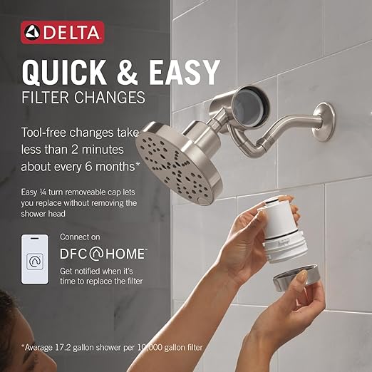 Delta Faucet 5-Setting H2Okinetic Shower Head Brushed Nickel with Clarifi Premium Shower Filter Attachment with Filter